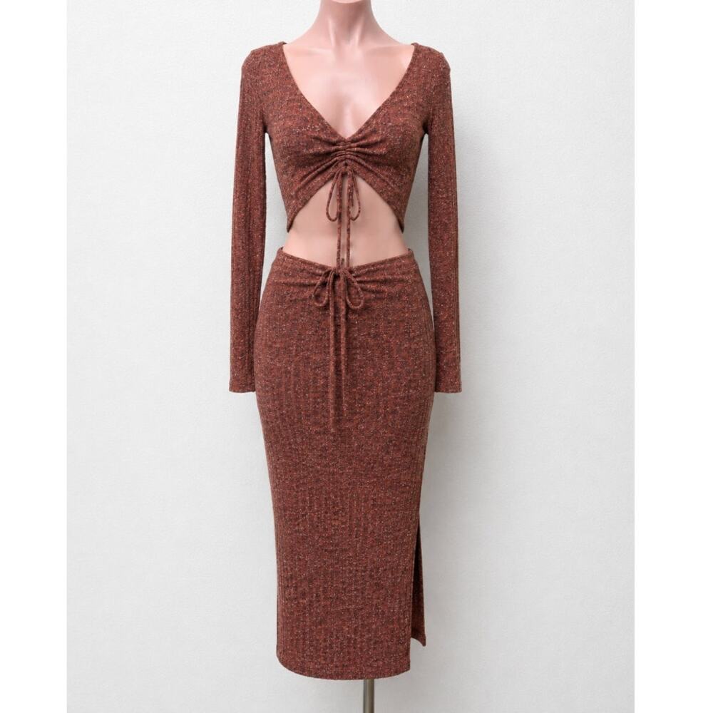 Beige Botany Rust Copper 2-Piece Ribbed Knit Skirt + Long Sleeve V Neck Top M